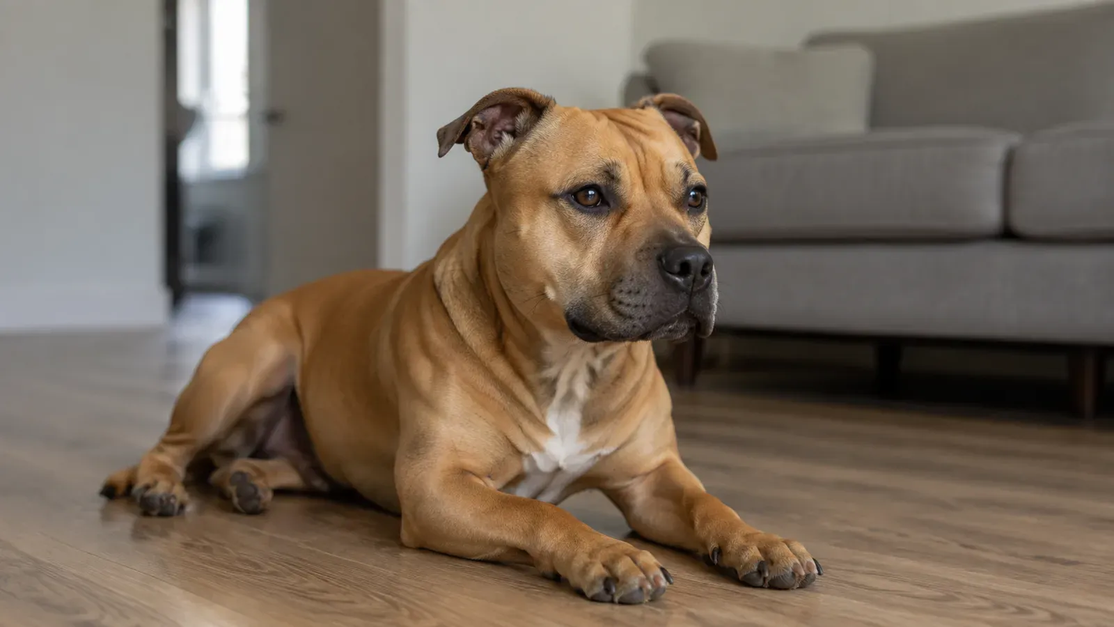 A tan dog lying on a living room floor with its head raised and eyes open, still but visibly tense