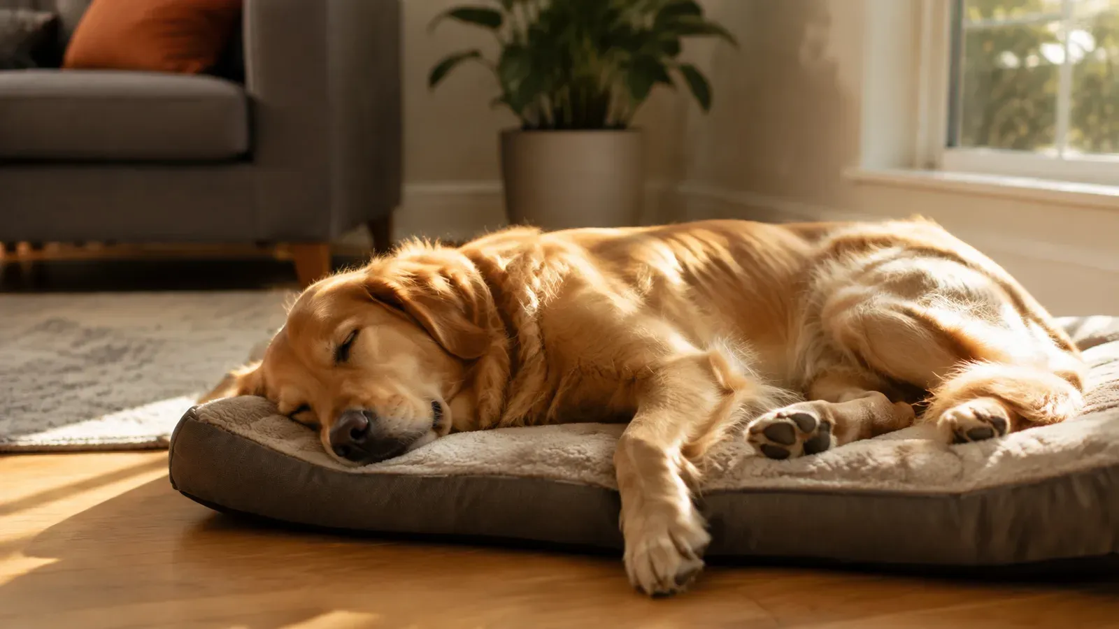 A golden retriever asleep on its side on a dog bed in a sunlit living room, completely relaxed