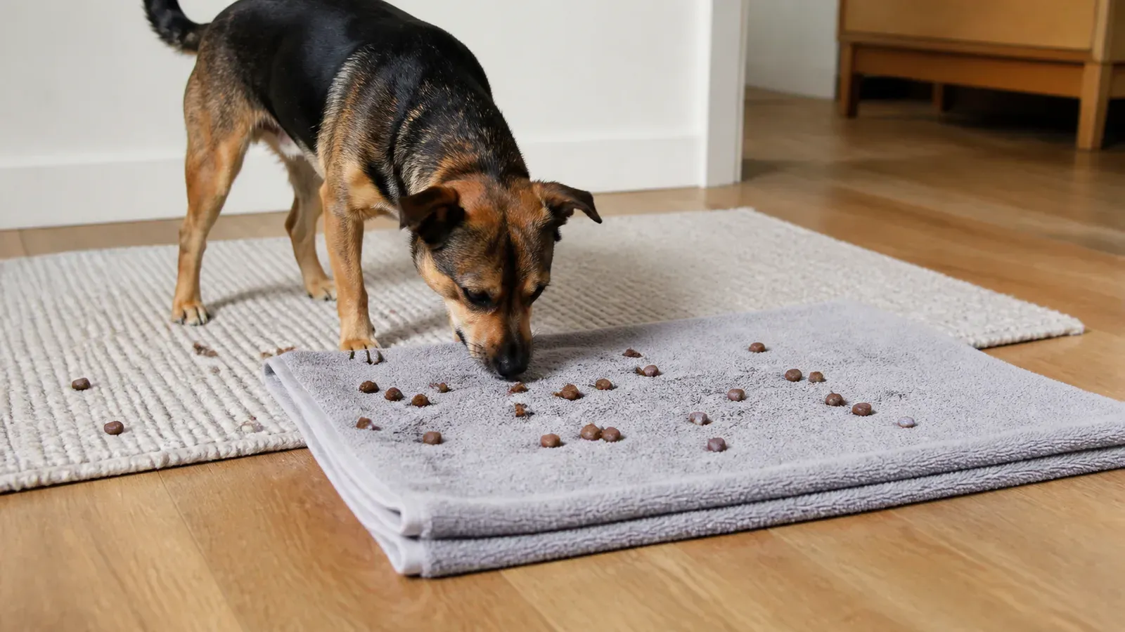 Pieces of dry dog food scattered across a folded towel and rug on a wooden floor, with a dog sniffing among them
