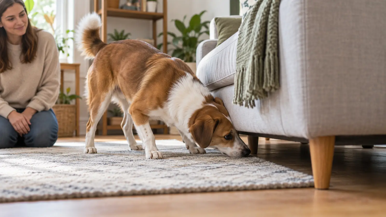A dog sniffing under a piece of furniture while searching for a treat