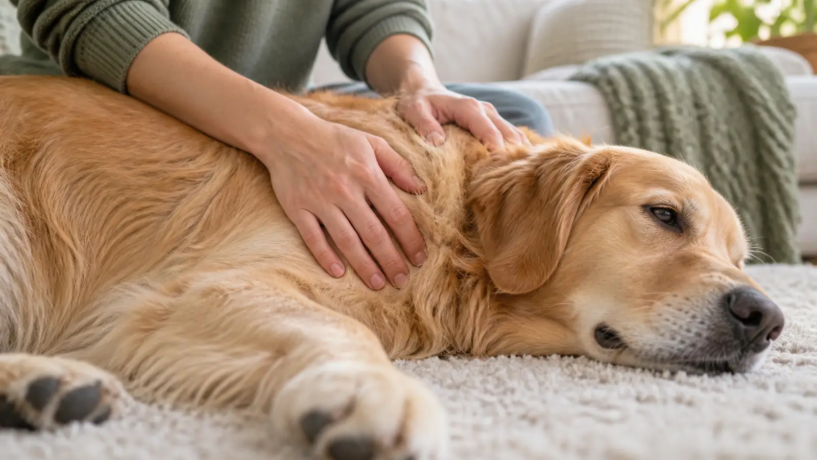 Close-up of a hand performing slow, circular strokes on a dog's shoulder