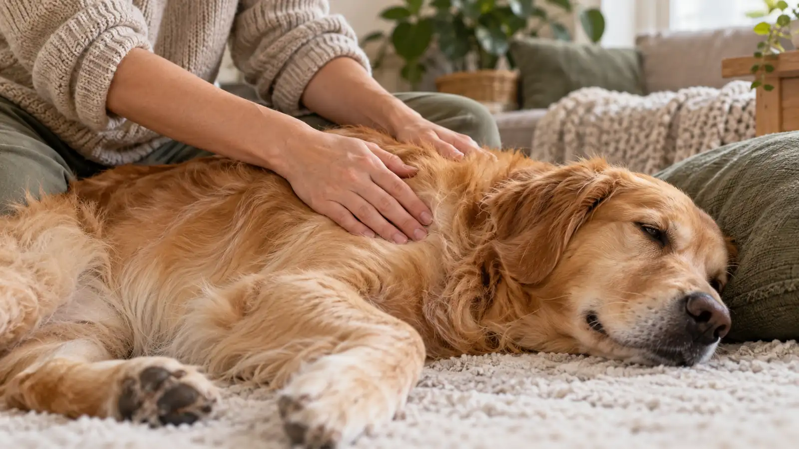 An owner's hands giving a calming massage to a relaxed dog