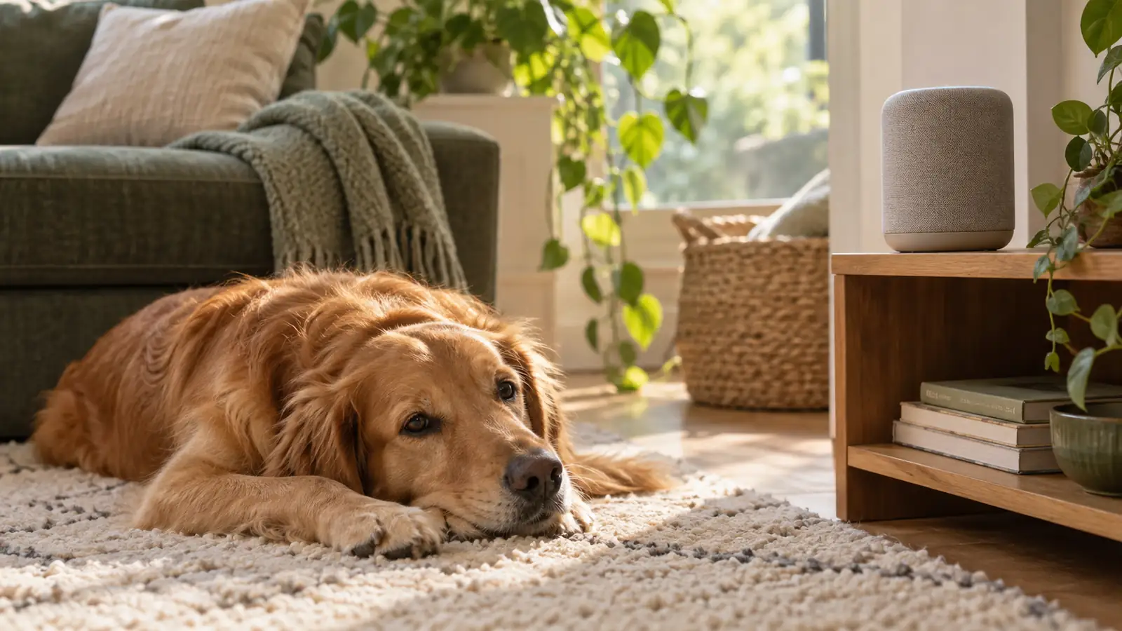 A dog lying down calmly near a speaker playing music