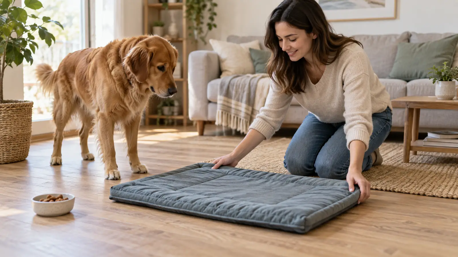 An owner placing a mat on the floor for a dog