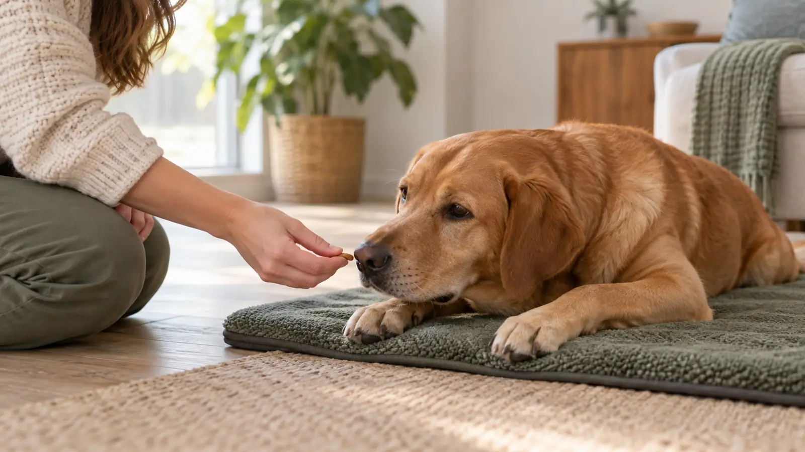 An owner calmly rewarding a dog for lying down on its mat