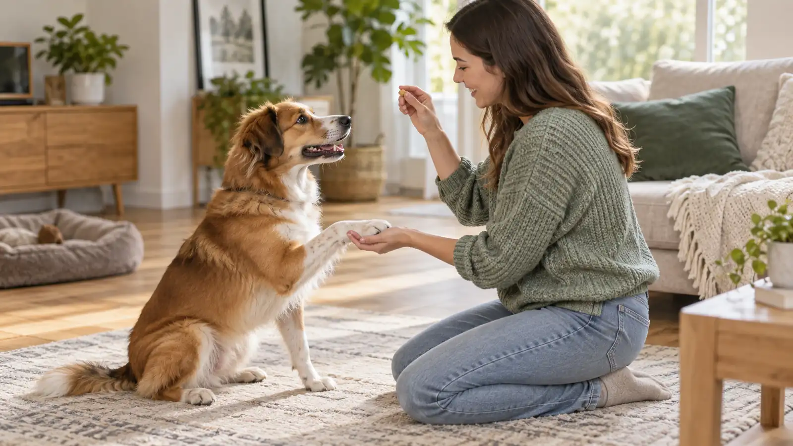 A dog sitting attentively in front of its owner, mid-trick, with a treat held in the owner's hand