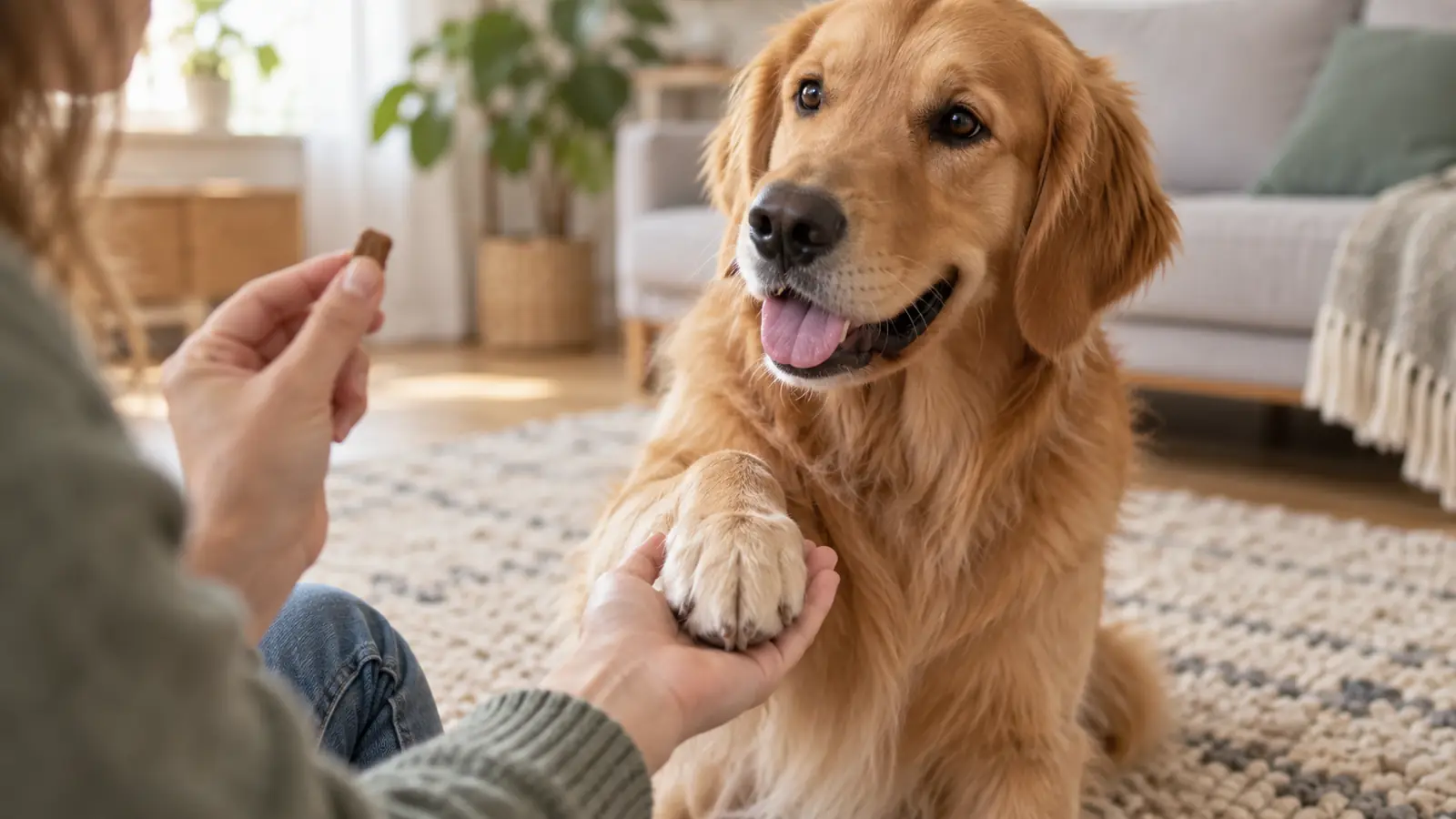 Close-up of a dog performing a paw shake with its owner