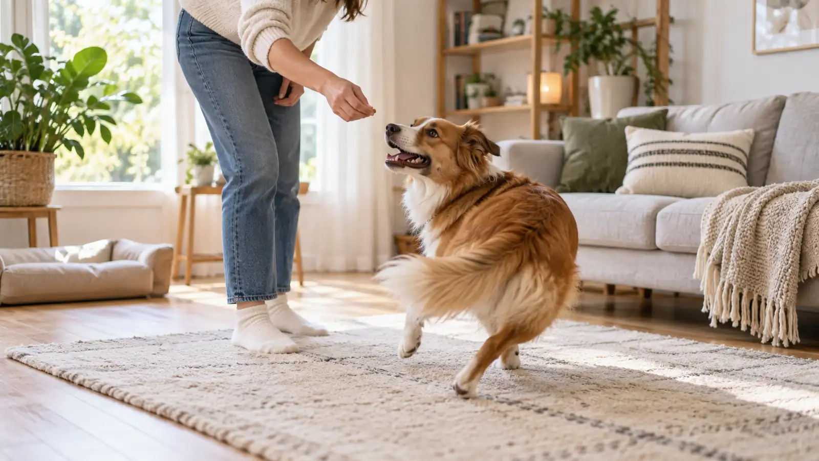 A dog mid-spin, following a hand signal from its owner